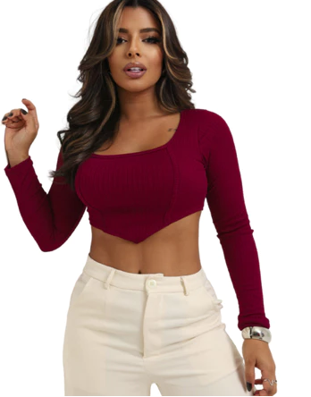 Blusa Cropped Feminino Canelado Manga Longa Esmeralda