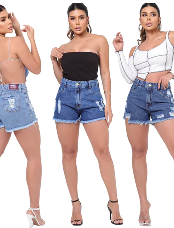 Kit 2 Shorts Feminino Jeans Cintura Alta 100% Algodão Short Levanta e Empina Bumbum
