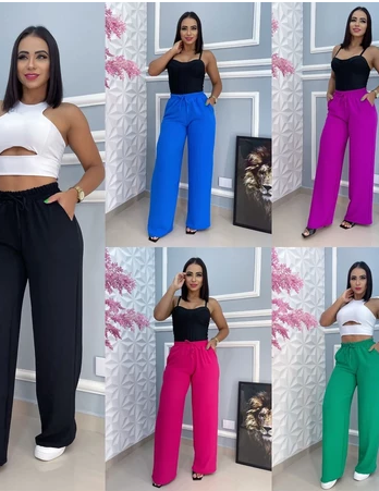✨ Calça Pantalona Feminina com Elástico na Cintura e Bolsos – Cintura Alta em Tecido Duna