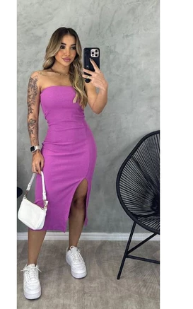✨ Vestido Midi Fenda Tomara que Caia Canelado ✨